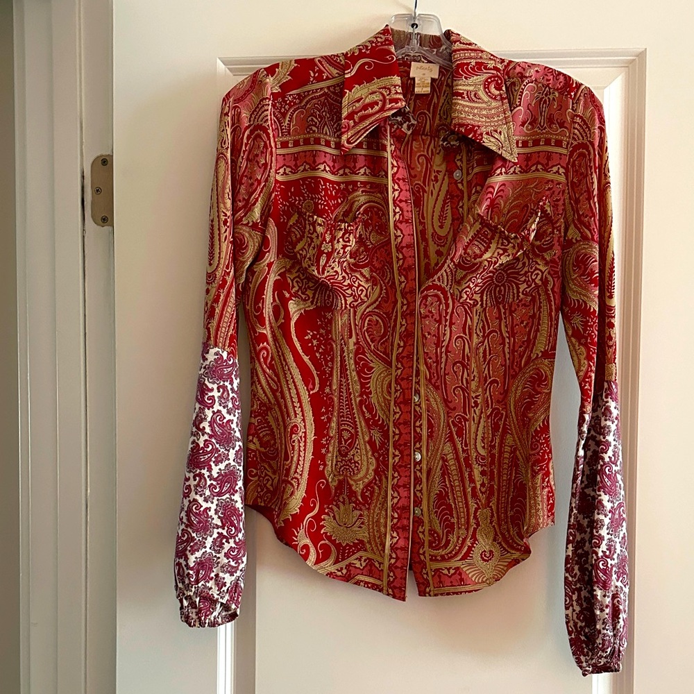 Plenty by Tracy Reese Red and Gold Patterned Blouse